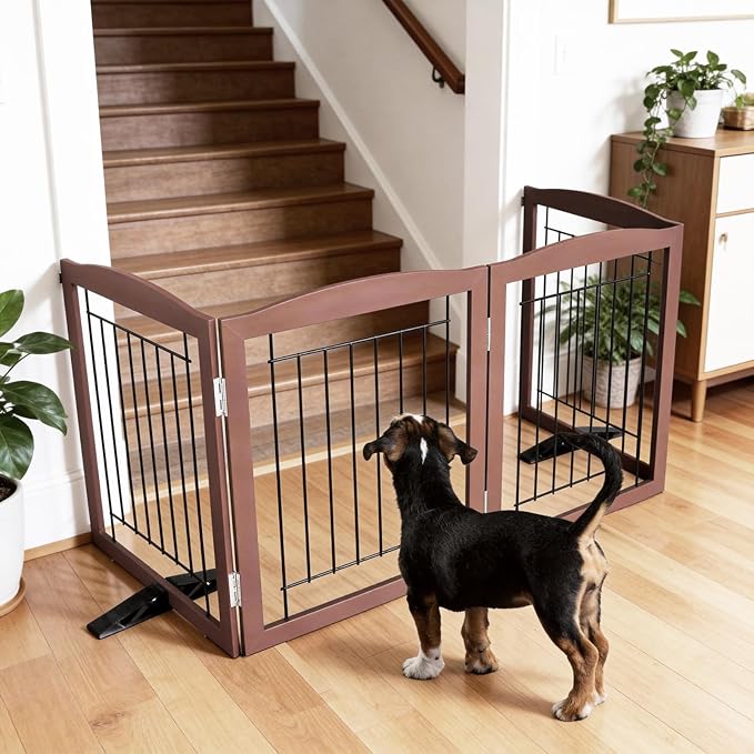 ZJSF Freestanding Dog Fence Indoor, Foldable Dog Gate for Doorways, Stairs or Hallways, Sturdy Wood Extra Wide Pet Gate with Support Feet for The House, Brown, 32 "Height-3 Panels
