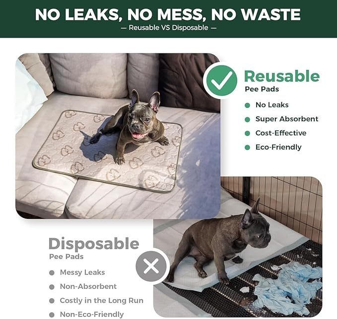 FXW Washable Pee Pads for Dogs, Leak-Proof & Non-Slip, Specifically Designed for 18inch Cages, 11" x 17" Rectangle, Khaki, 4 Packs