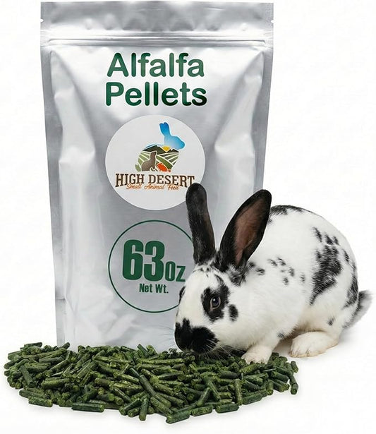 High Desert Delight Alfalfa Pellets, Protein Rich Small Animal Food for Young Rabbits Guinea Pigs and Small Pets, Natural Fiber Alfalfa Hay Pellets for Digestive Health, Fresh Hand Packed 63 oz Bag