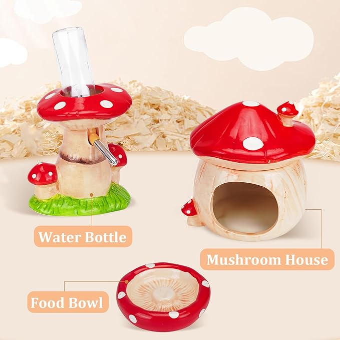 Ceramic Hamster Cage Accessories: Set Include Mushroom Hamster Hideout, Water Bottle and Food Bowl, Ideal for Gerbils and Guinea Pigs
