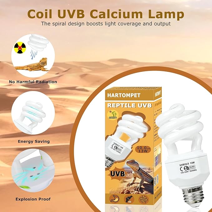 HARTOMPET UVB 10.0 Reptile Bulb 13W, Compact Fluorescent Coil Lamp for Desert Terrariums, High-Output Light for Bearded Dragons, Geckos & Tortoises