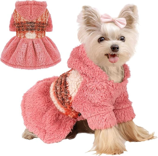 DaFuEn Dog Sweater,Dog Dress, Dog Sweaters Dresses for Small Dogs,Cute Warm Fleece Hooded Sweater for Small Dogs, Plaid Puppy Dresses Clothes Chihuahua Yorkie Cat Apparel （A-Pink,M