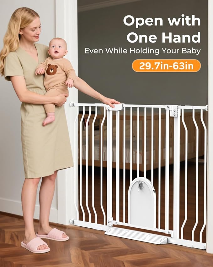 30"- 63" Extra Wide Baby Gate with Cat Door, 30.5" Tall, No-Drill Pressure Mount, Includes 3 Extensions, Pet & Toddler Safety Gate for Kitchens, Stairs, and Doorways