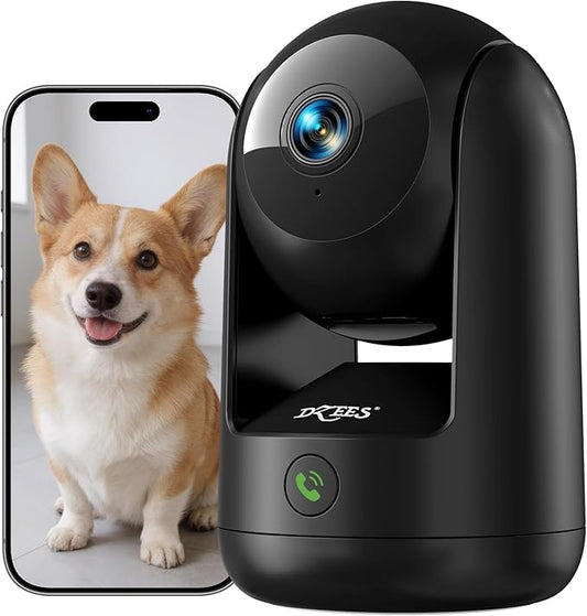 Dzees 2K Indoor Security Camera, 360 Degree WiFi Pet Camera with Phone App, 5G and 2.4G, Wired Home Camera with 2-Way Audio, Motion Tracking, Night Vision, Black, 1 Pack