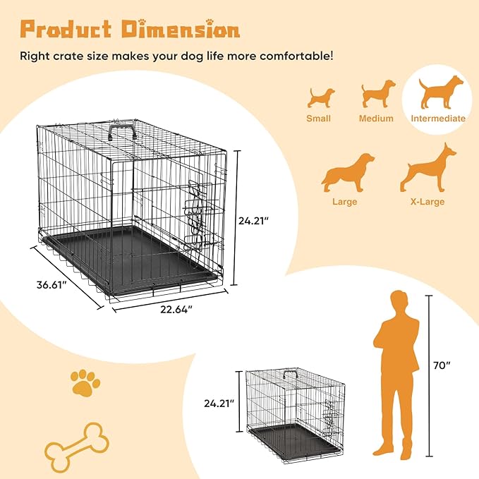 DUMOS Dog Crate, 36 Inch Medium Double Door Dog Cage with Plastic Leak-Proof Pan Tray, Folding Metal Wire Pet Kennel for Indoor, Outdoor, Travel