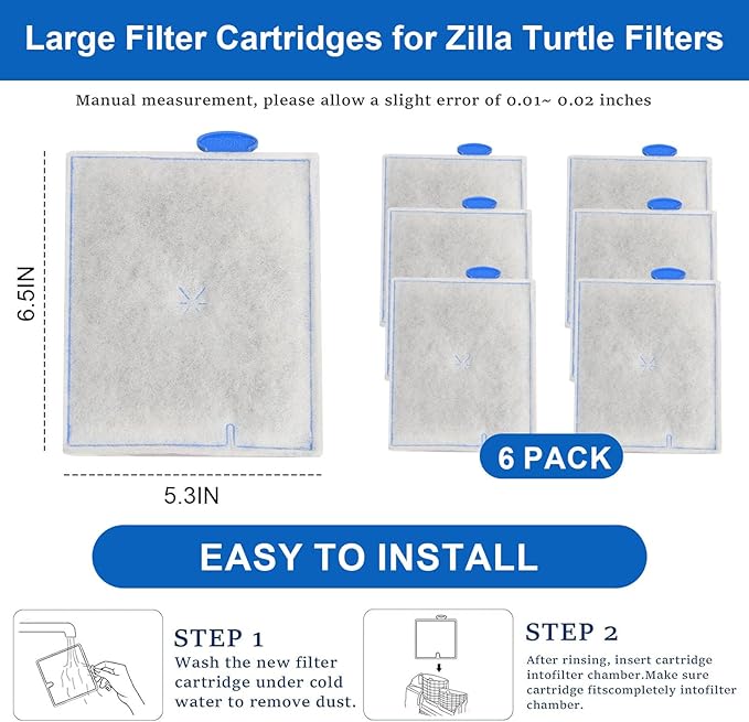 Large Reptile Pet Terrarium Water Filter Replacement Cartridge for Zilla Internal Filter 40G and Large Basking Platform Filter 40G, Turtle Tank Filter Cartridges for Zilla Turtle Filters -6Pack