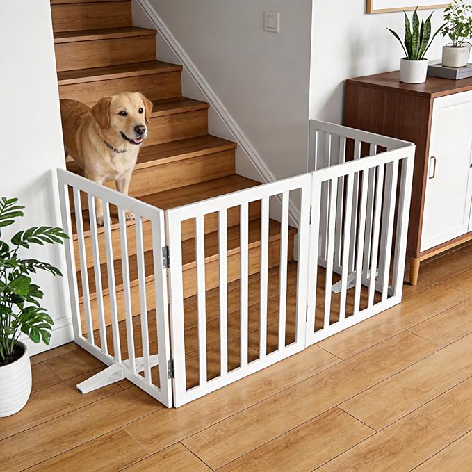 ZJSF Freestanding Indoor Dog Gate for House Foldable Wood White Puppy Gate for Doorways Pet Gate for Stairs Extra Wide Pet Fence 32" Height 4 Panels