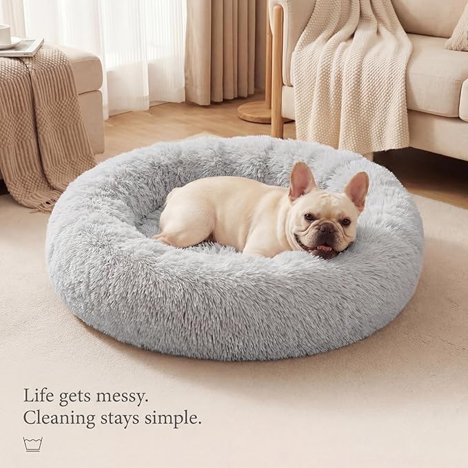 Calming Dog Bed for Medium Dogs Washable Donut 30 inches Anti-Slip Pet Bed,Round Fluffy Plush Faux Fur Cat Bed,Fits up to 45 lbs Pets,Grey