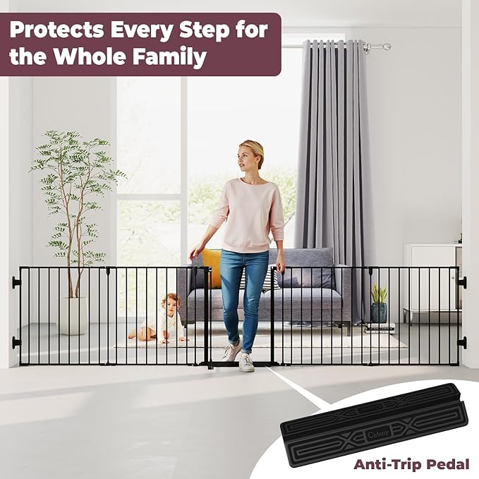 127.5" Extra Wide Baby Gate for Fireplace Christmas Tree, Configurable 5 Metal Panels Baby Fence, Child Gate for Wide Openings with Anti-Trip Pedal, Long Kid Gate for Dog Pet, 28'' Tall Black