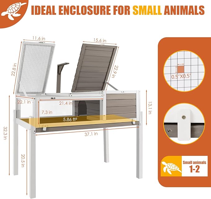 Ketive Tortoise Habitat Large Wooden Tortoise Enclosure Habitat with No-Leaking Tray Indoor & Outdoor, Reptile Cage for Small Animals TOR03-Grey