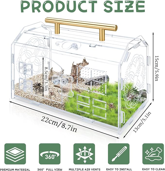 Acrylic Jumping Spider Enclosure, 8.7x5.1x6.9 Inch Tarantula Enclosure with Front Opening Door& Feeding Holes and Handle, Transparent Terrarium for Reptiles, Amphibians and Spiders