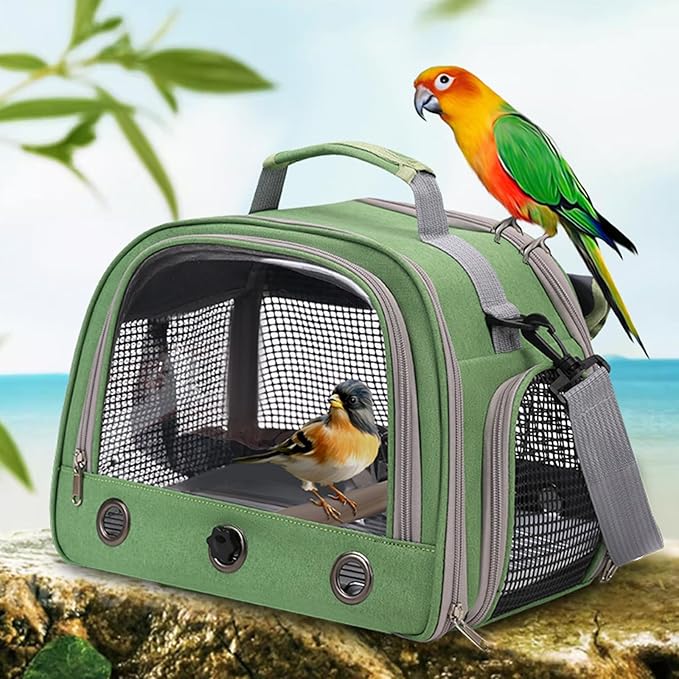 Parrot Carrier Parrot Travel Cage Panoramic View Breathable with Perch Removable Tray Food Cup Standing Net for Conures Parakeet Budgie (Green)