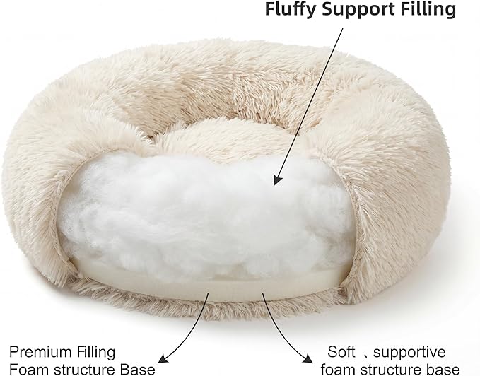 Extra Small Dog Bed 19 Inch,Calming Donut Puppy Bed,Ultra Soft Faux Fur Round Dog Bed for Chihuahua Yorkie Maltese Pomeranian,Beige