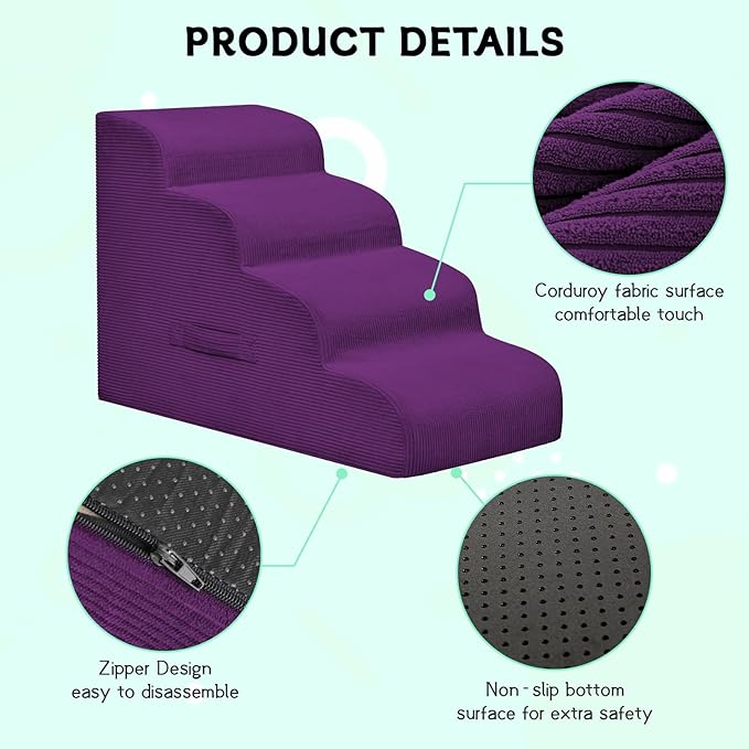 Mesa Lemon Dog Steps for Small Dogs, 4-Step Dog Ramp and Stairs for High Beds and Sofa, Non-Slip Pet Stairs Removable and Easy to Clean Cover, Purple