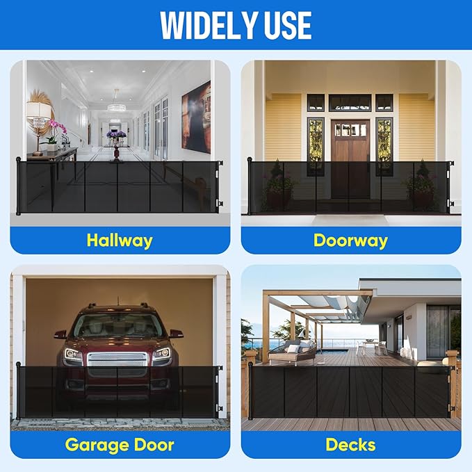 34X100” Extra Wide Safety Retractable Baby Gate, Extra Wide Safety Kids or Pets Gate, 34” Tall, Extends to 100” Extra Wide, Built-in Reinforce Strip Mesh Safety Dog Gate for Stairs (Black)