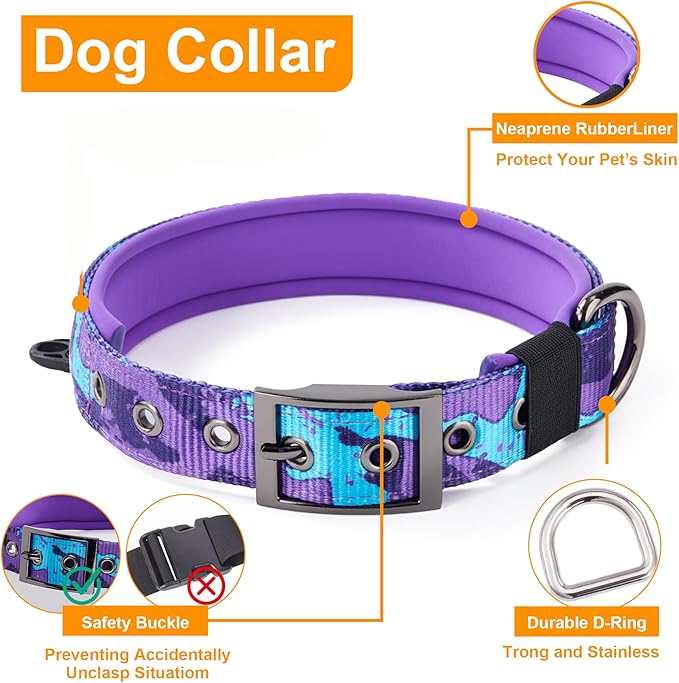 Annchwool No Pull Dog Harness,Heavy Duty Collar & Leash Set-Leash with Double Handle & Car Seatbelt Clip-Easy Control for Walking Training Medium Large Size Dogs(Camo Purple,XL)