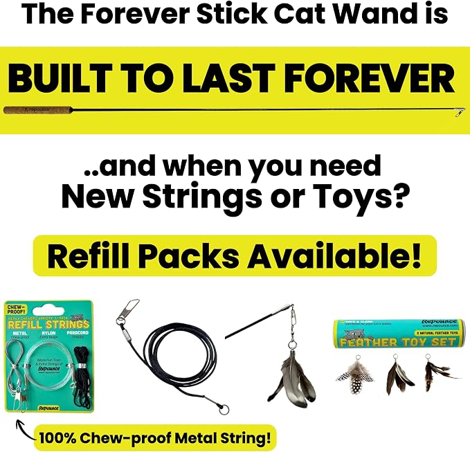 Forever Stick 1-Pack - The Unbreakable Cat Wand Toy, Durable Cat Toy Wand, Extra Long Cat String Toy, Cat Fishing Pole Toy for Bored Indoor Adult Cats, Cat Stick Toy, Cat Feather Wand, Cat Teaser Wand - Image 4