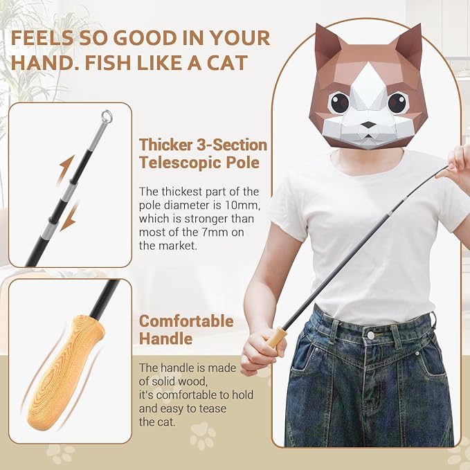 ROSAUI Cat Teaser Wand Toys, Interactive Bird Toys for Indoor Kittens, 42.15?€??€? Long Cat Fishing Pole Toys, 2Pcs Wires and 5Pcs Natural Refills, Sustainable Wooden Handles, Exercising, Playing - Image 3