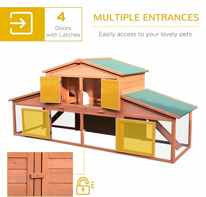 PawHut 89" L Outdoor Rabbit Hutch, Guinea Pig Cage Indoor Outdoor Wooden Bunny Hutch with Double Runs, Weatherproof Roof, Removable Tray, Ramps, Orange
