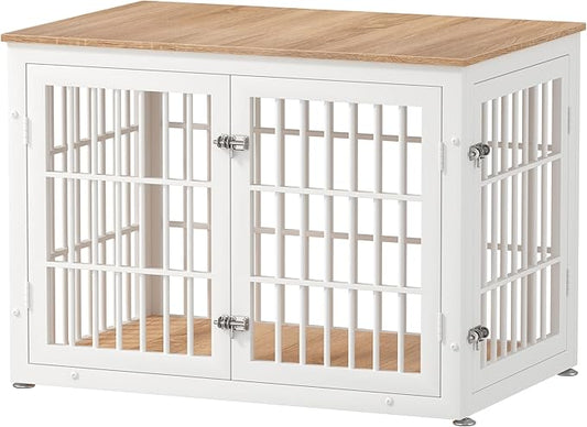 rehomerance 38 Inch Heavy Duty Dog Crate Furniture for Large and Medium Dogs, Decorative Pet House End Table, Wooden Cage Kennel Furniture Indoor, Natural and White