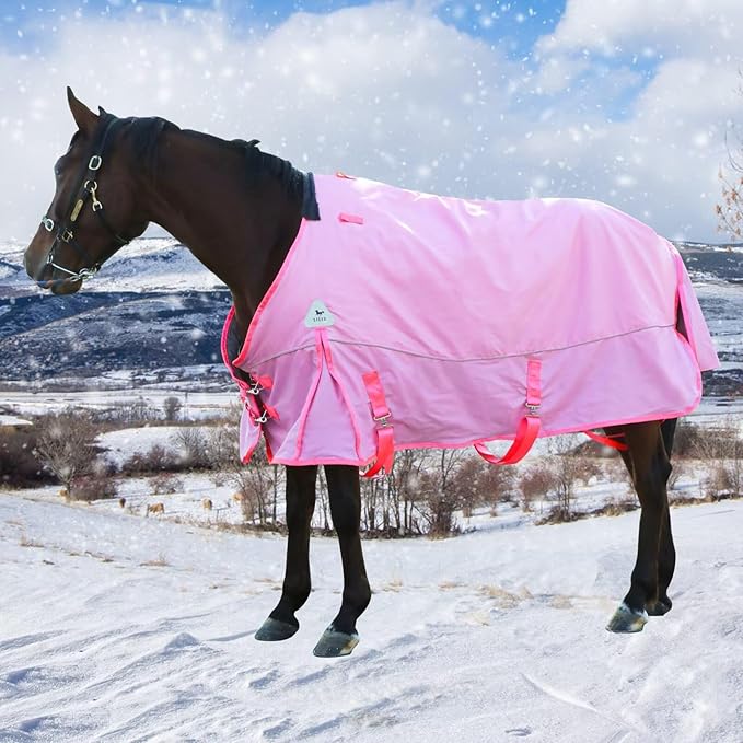 Turnout Blanket for Horses, Waterproof Thickened Horse Sheet with Detachable Neck Cover,1600D Nylon Outer, 400g Heavy Weight Filling (Pink, US 72IN(EU 135cm))