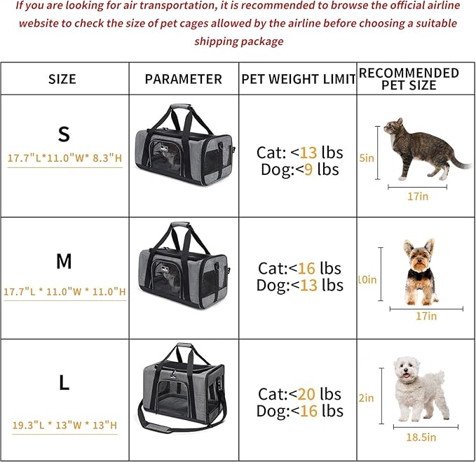 Wakytu TSA Approved Pet Carrier for Small Cats Dogs, Travel Bag with Adequate Ventilation, 5 Mesh Windows, 3 Entrance, Locking Safety Zippers, Padded Shoulder and Carrying Strap, Small