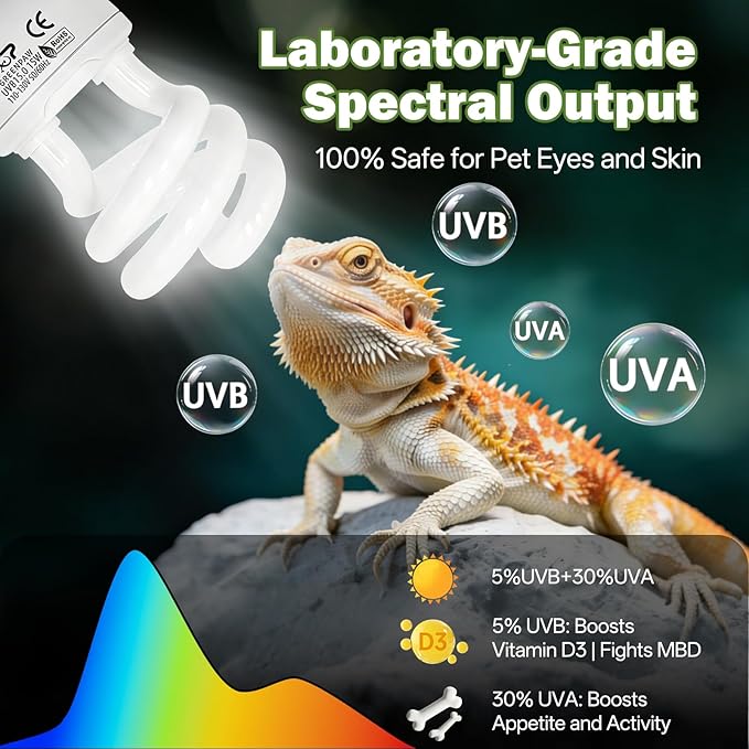 UVB Reptile Light 5.0: 15W Tropical & Subtropical UVA UVB Reptile Light Bulb, UVB Light for Reptiles Compact Fluorescent Terrarium Lamp,UVB Bulb for Chameleon Turtle Gecko Snake Include UV Sensor Card