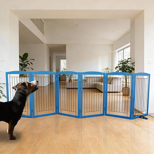 ZJSF Freestanding Dog Fence Indoor, Foldable Dog Gate for Doorways, Stairs or Hallways, Sturdy Wood Extra Wide Pet Gate with Support Feet for The House, Blue, 32 "Height-6 Panels