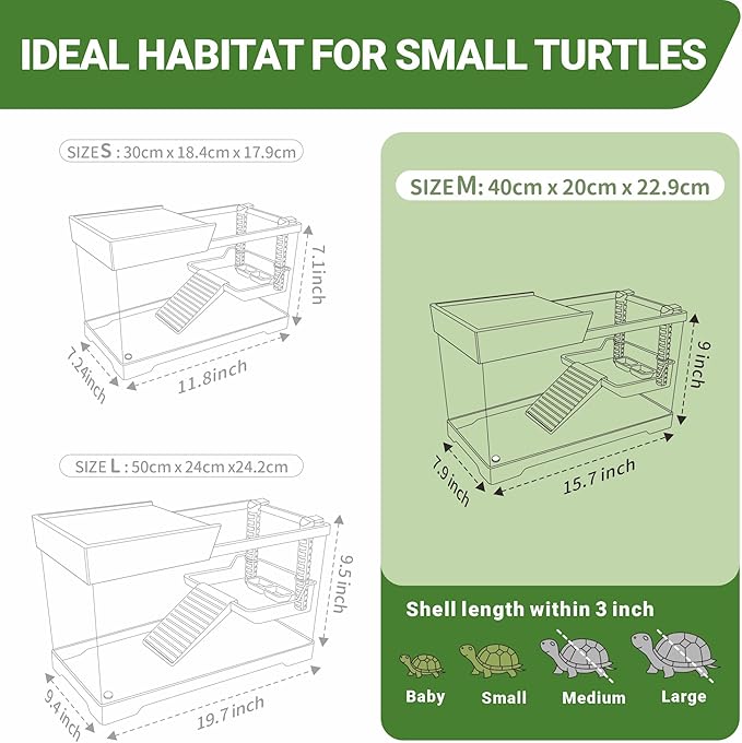 GOZILLA Aquatic Turtle Tank Kit+Lamp+Filter, Upgrade PC Turtle Tank Starter Kit with Adjustable Lamp & Filter,Reptile Habitat with Lid,Hanging Platform for Small Reptiles.(15.75×7.9×9''/White Kit)