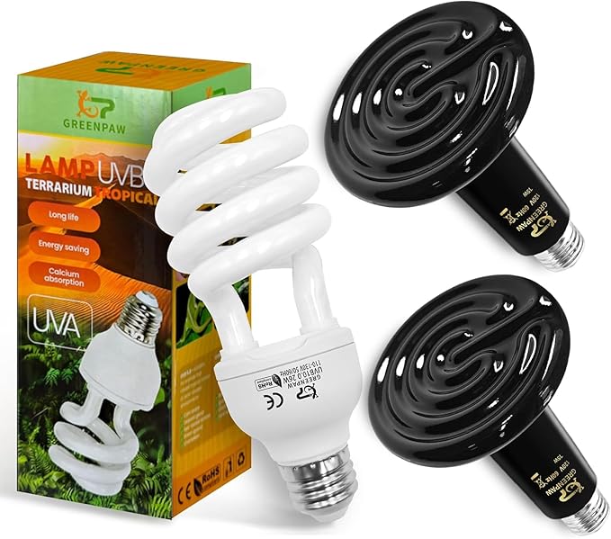 UVA UVB Reptile Light Bulb with Ceramic Heat Emitter Combo, 10.0 26W UVB Light for Bearded Dragon & 2-Pack 75W No-Light Heat Lamp, All-in-One UVB & Heat Source for Reptiles and Amphibians