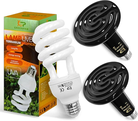 UVA UVB Reptile Light Bulb with Ceramic Heat Emitter Combo, 10.0 26W UVB Light for Bearded Dragon & 2-Pack 75W No-Light Heat Lamp, All-in-One UVB & Heat Source for Reptiles and Amphibians