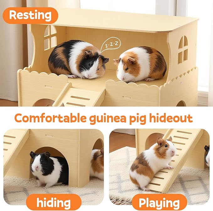 Large Two-Level Guinea Pig Hideout, Wooden Guinea Pig Castle with House, Platform and Stairs, Detachable Guinea Pigs House, Easy Assembly Accessories for Chinchillas, Hamsters, Rabbits and Guinea Pigs