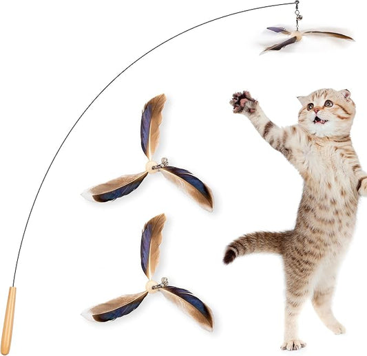 JXFUKAL Cat Wand Toys, Interactive Cat Toys with 3 Feather Refills, 29'' Flexible Steel Wire, Sturdy Wood Handle & Bell for Kitty Kitten, Cat Toys for Indoor Cats Teaser Cat String Toy by JXFUKAL