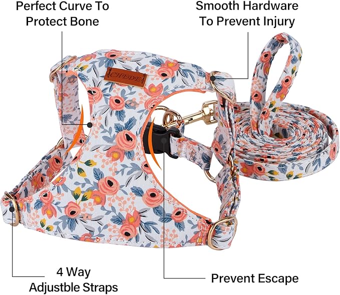 CHEDE No Pull Floral Pattern Dog Harness- Lightweight, Soft, Adjustable Small Harness and Leash Set, Suitable for Puppy Small and Medium-Sized Dog (M, Orange Rose)
