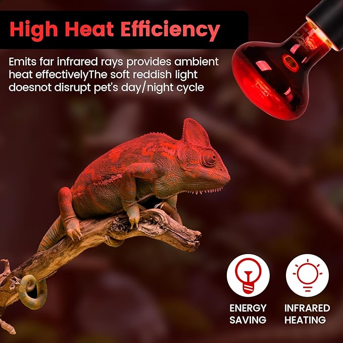 75W Infrared Heat Lamp Bulbs – 2-Pack Red IR Basking Light for Reptile & Amphibian, Silent Night-Time Heating, E26 Base, Bearded Dragon,Lizard,Turtle,Chicken