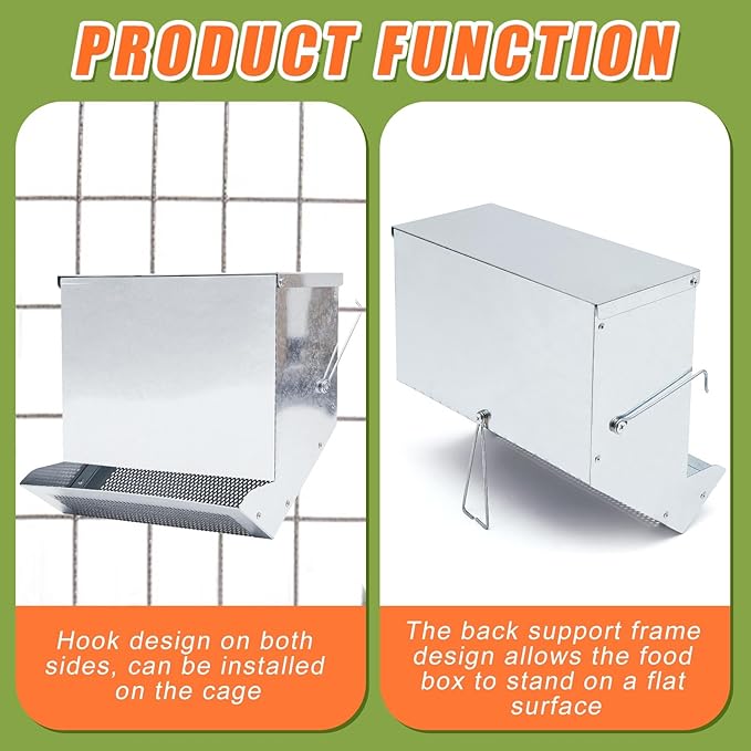 Maxcheck 2 Pcs Rabbit Feeder for Cages Small Animal Food Pellet Dispenser with Lid Metal Chicken Grit Oyster Shell Squirrel Feeders Outside(11.8 Inches,Mesh Bottom,Silver)