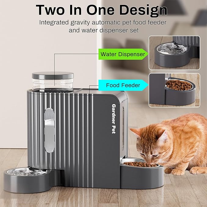 Gardner Pet Gravity Cat Food Feeder and Water Dispenser Stainless Steel Bowls Two-in-One Set Large Capacity Automatic Feeder for Pets Dogs, Puppies, Kittens-(0.8 Gallons x 2)