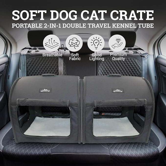 Soft Dog Cat Crate The Portable 2-in-1 Double Travel Kennel Tube Carrier for All Pets Car Seat Ready