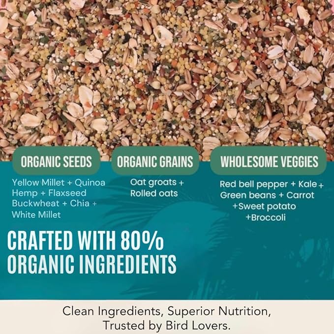 Organic Parakeet Food - No Fillers, Fatty Seeds, or Dyes - Budgies, Lovebirds & Parrotlets - Premium Human Grade Seed Mix, Grain & Wholesome Veggies – Made in USA (4 lbs)
