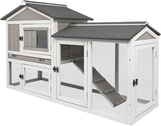 Gowoodhut Rabbit Hutch Indoor Outdoor 57 "L Bunny Hutch with Pull Out Tray,2 Story Wooden Rabbit Cage with Asphalt Roof,Guinea Pig Cage with Ventilation Doors,Ramp for Small Animals(Grey)
