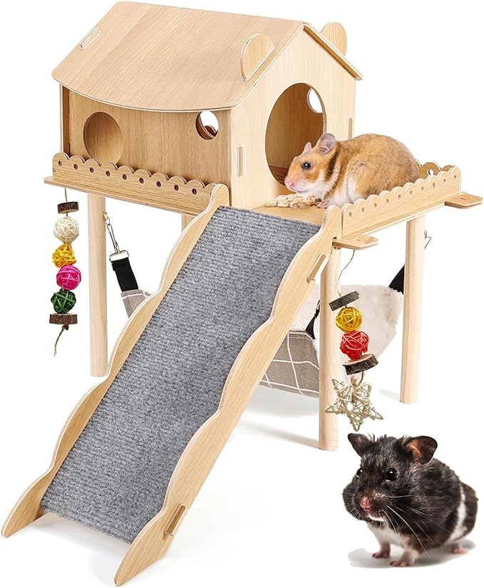 3-in-1 Guinea Pig Hideout, Large Wooden Guinea Pig House with Stairs, Hammock, Mat, and Chew Toys, Suitable for Small Rabbits, Guinea Pigs, Hamsters, and Other Rodents (Style 1)