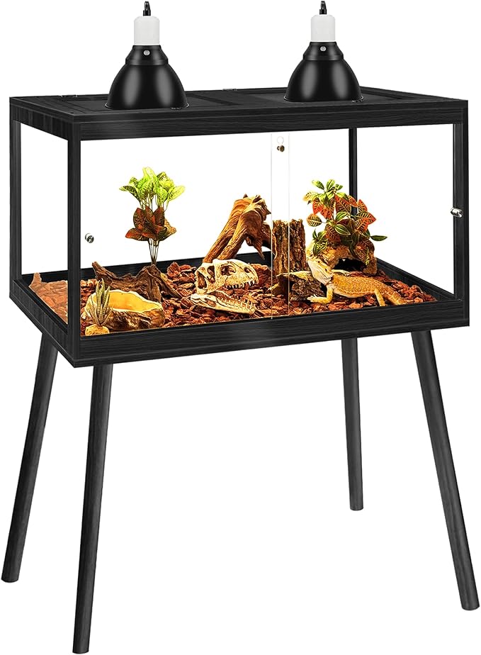 PROLEE Bearded Dragon Tank with Leg Stand 22 Gallons, Wooden Lizard Tank,Reptile Tank with Metal Mesh Roof Door, Acrylic Panel Snake Tank with Lock Design (Black, 24"x16"x16")