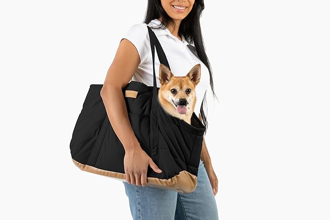 Plush Dog Purse Carrier for Small Dogs, Soft Tote Bag with Safety Harness Clip, Cozy Pet Carrier for Dogs Under 15 lbs, Comfortable Shoulder Carrier for Travel, Black 2.0