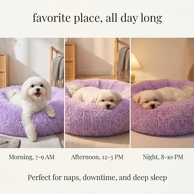 Calming Donut Dogs Beds for Small Dogs Washable,23inch Plush Round Pet Bed for Cozy Sleep,Fluffy Faux Fur Large Cat Bed,Fits up to 25 lbs Pets,Purple