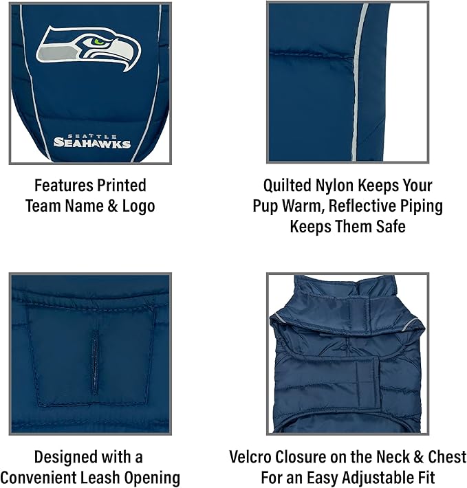 NFL Seattle Seahawks Puffer Vest for Dogs & Cats, Size Medium. Warm, Cozy, and Waterproof Dog Coat, for Small and Large Dogs/Cats. Best NFL Licensed PET Warming Sports Jacket