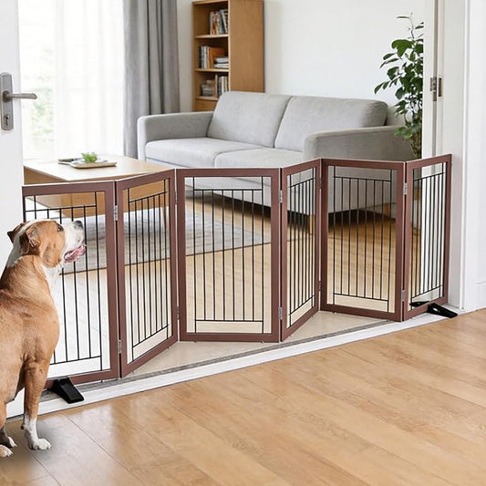 ZJSF Freestanding Dog Gate Indoor, Foldable Dog Fence for Doorways,Hallways or Stairs, Sturdy Wood Extra Wide Pet Gate with Support Feet,Brown,32 "Height-6 Panels