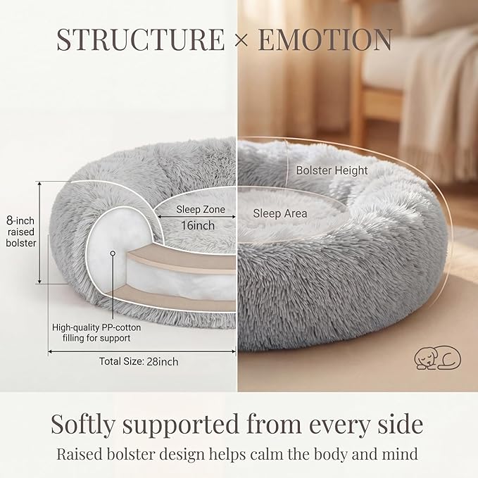Calming Dog Bed for Medium Dogs Washable Donut 28 inches Anti-Slip Pet Bed,Round Fluffy Plush Faux Fur Cat Bed,Fits up to 40 lbs Pets,Frost Grey
