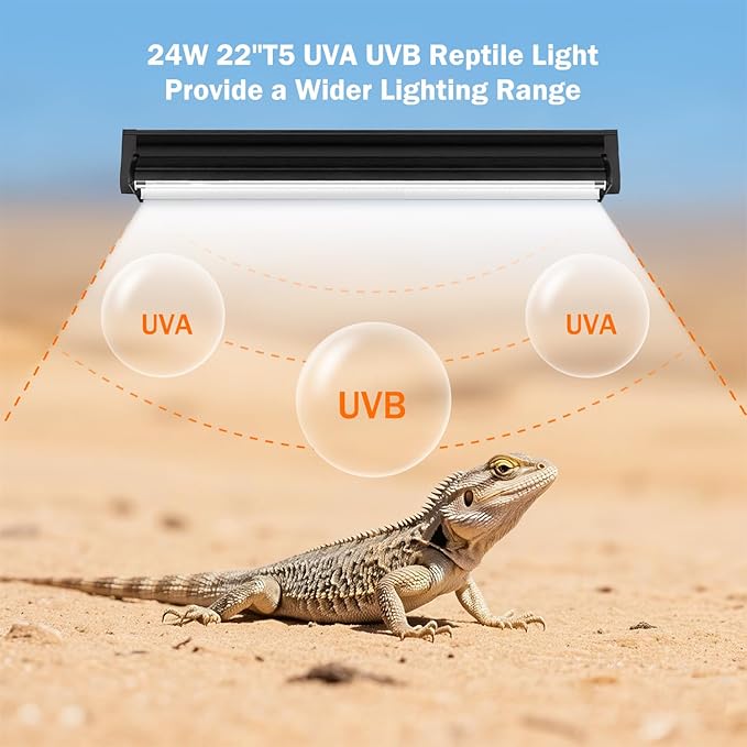 T5 10.0 UVB Reptile Light Fixture, 24W 22" T5 UVA/UVB Fluorescent Tube Bulb for Bearded Dragon, Tortoise, Leopard Gecko, Desert Lizards