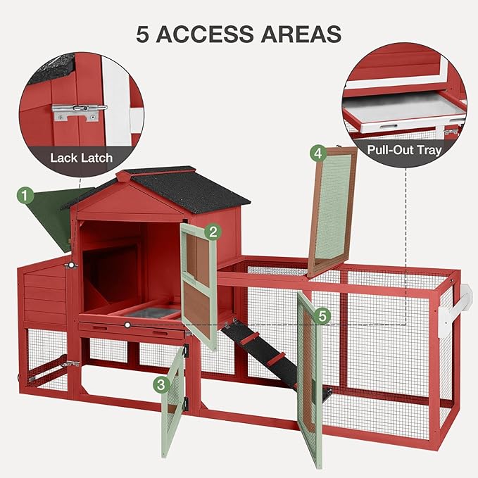 Chicken Coop Outdoor Mobile Chicken House, Expandable Hen House with Wheels, Nesting Box, Leakproof Pull-on Tray and UV-Resistant Roof Panel (Red)