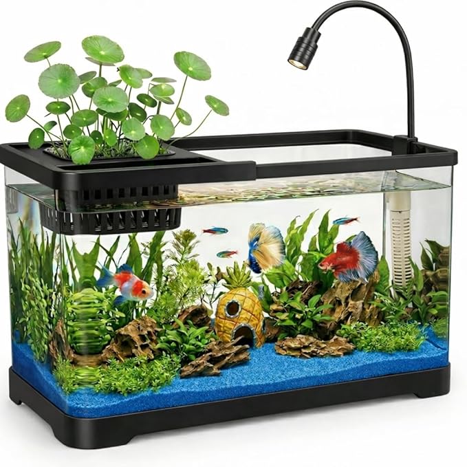 4 Gallon Fish Tank Aquarium Starter Kit with USB LED Light & Quiet Filter, Large Desktop Betta Tank with Decorations, Starter Aquarium for Home Office(Medium Black)